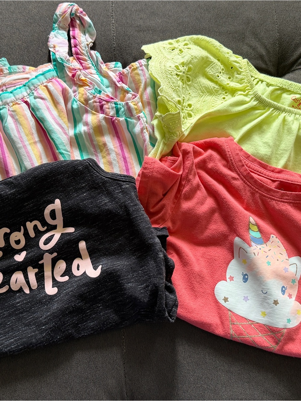 Cat & Jack Bundle - Coral Unicorn Top, Neon Yellow, Pastel Stripe & Charcoal